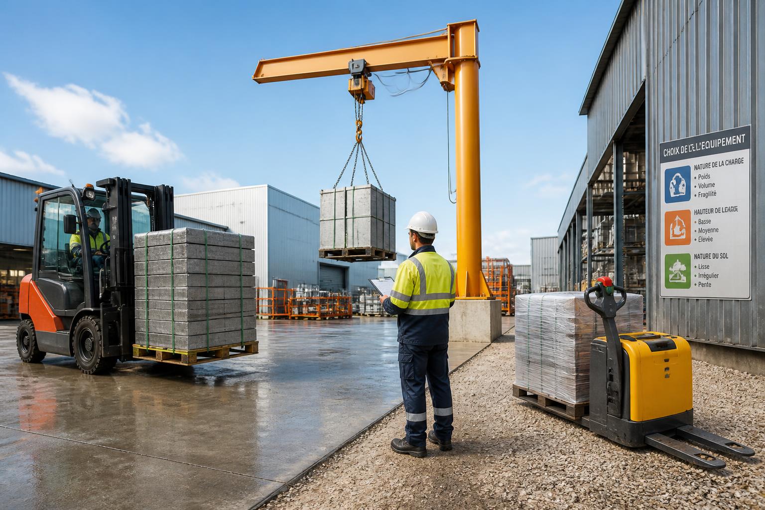 découvrez comment choisir le bon équipement de manutention industrielle en fonction de la charge, de la hauteur de levage et du type de sol pour garantir sécurité et efficacité.
