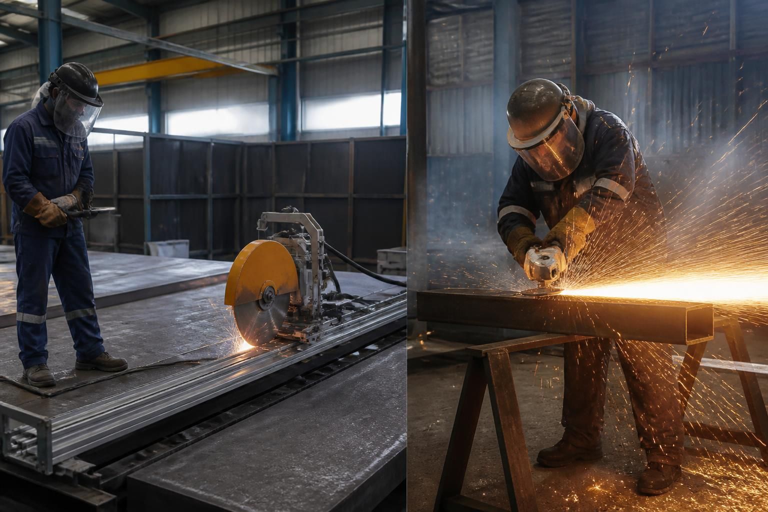 découvrez les différences entre la tronçonneuse sur rail et la meuleuse d'angle pour la découpe de l'acier, en mettant l'accent sur la qualité de coupe et la sécurité de l'opérateur.